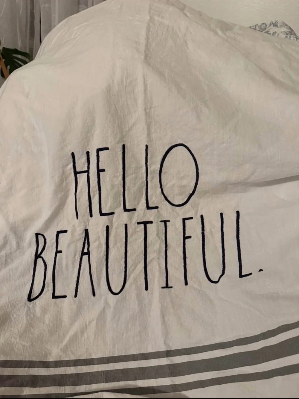 Rae Dunn White Duvet Cover with Black 'HELLO BEAUTIFUL' Script